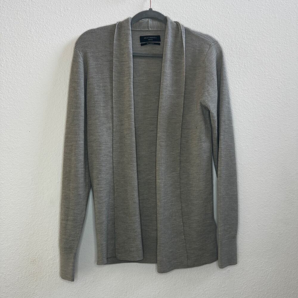 AllSaints Merino Wool Cardigan Gray M Open Front Minimalist Sweater Mens